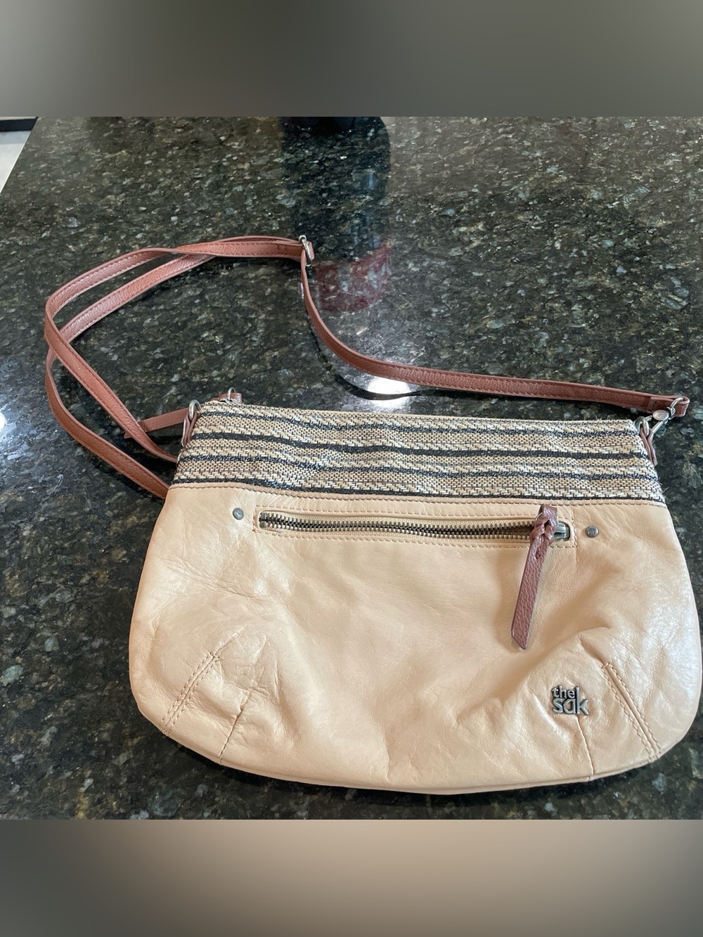 The Sak Beige Crossbody with Striped Woven Trim